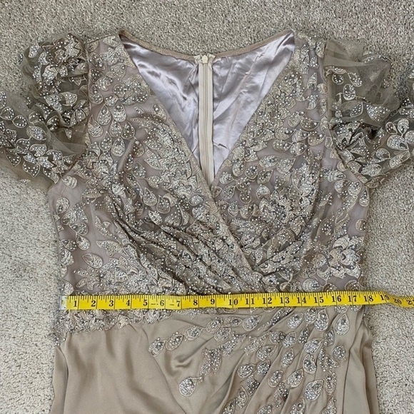 Mac Duggal 20346 Embellished Faux Wrap Illusion Puff Sleeve Gown Taupe 14 - Picture 4 of 13